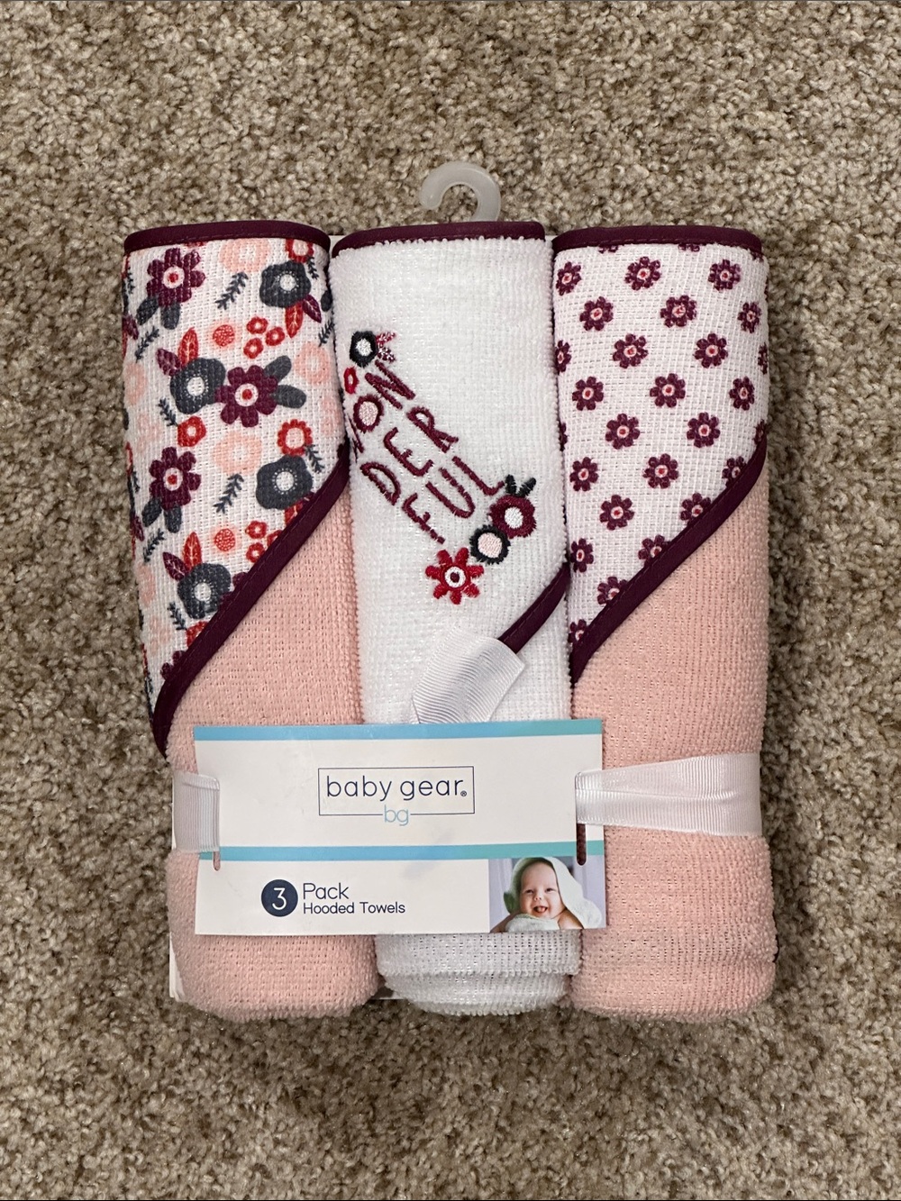 Baby Gear Pink & Burgundy Floral Hooded Baby Towel Set (3-Pack)